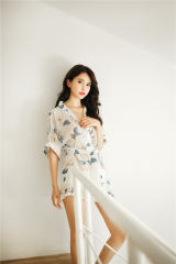 Sexy Women Floral Print Robe Short Chiffon Sleepwear Home Wear PQAR5043