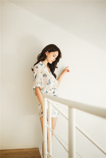 Sexy Women Floral Print Robe Short Chiffon Sleepwear Home Wear PQAR5043