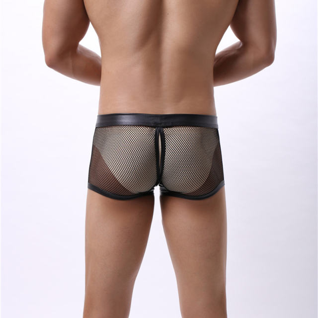 Sexy Mesh Lingerie Sissy Underwear Faux Leather Men Shorts PQA4-36D