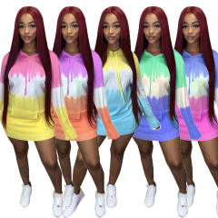 Autumn Loose Hooded Dress Winter Gradient Print Casual Mini Dresses PQCM793D