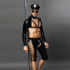 Men Sexy Underwear Police Wear Cosplay Uniform Faux Leather Breeches PQ6616