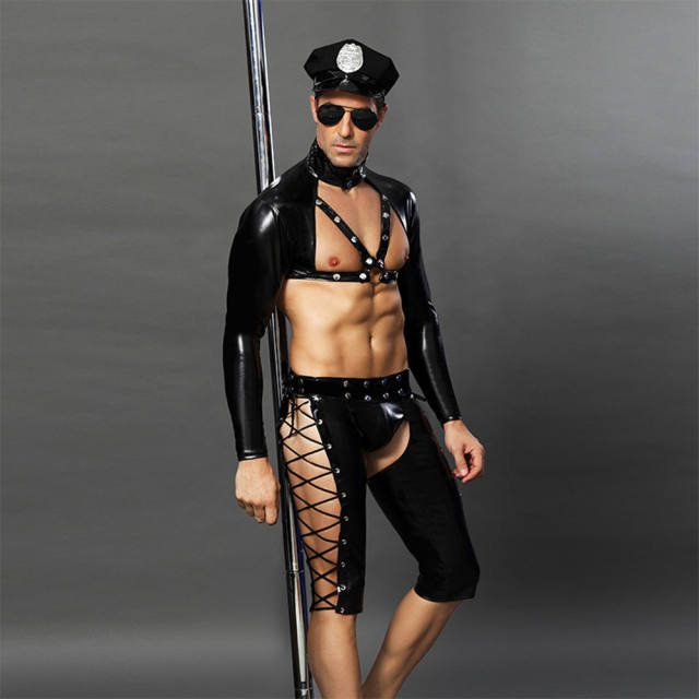Men Sexy Underwear Police Wear Cosplay Uniform Faux Leather Breeches PQ6616
