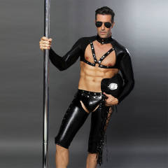 Men Sexy Underwear Police Wear Cosplay Uniform Faux Leather Breeches PQ6616