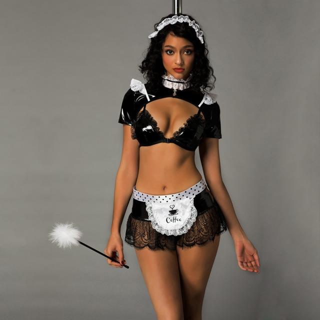 Sexy Beauty Servant Costume Wetlook PU Sexy Maid Cosplay Uniform PQ7016