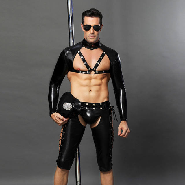 Men Sexy Underwear Police Wear Cosplay Uniform Faux Leather Breeches PQ6616