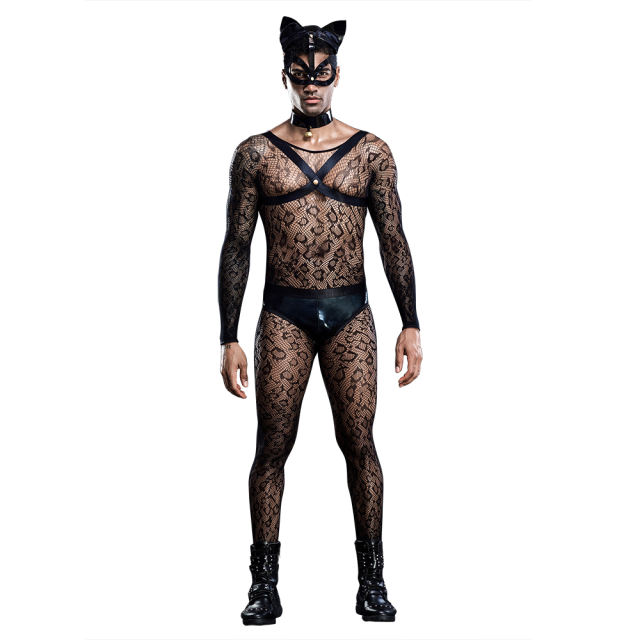 Cosplay Cat Man Costume Sexy Nightclub Mesh Perspective Performance Uniform PQ7219