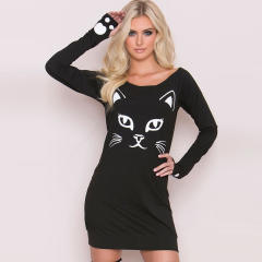 Women Black Cat Print Mini Dress Halloween Dress Up Costume Sexy Club Dress PQ22851