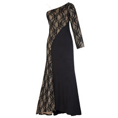 Autumn Long Lace Dress One-shoulder Stitching Evening Dress PQ00239 [OUT OF STOCK]