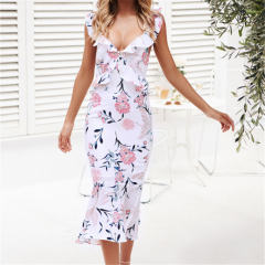 Slim Printed Bodycon Dress Sexy V-neck Summer Women Midi Dress PQ22023A