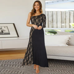 Autumn Long Lace Dress One-shoulder Stitching Evening Dress PQ00239 [OUT OF STOCK]
