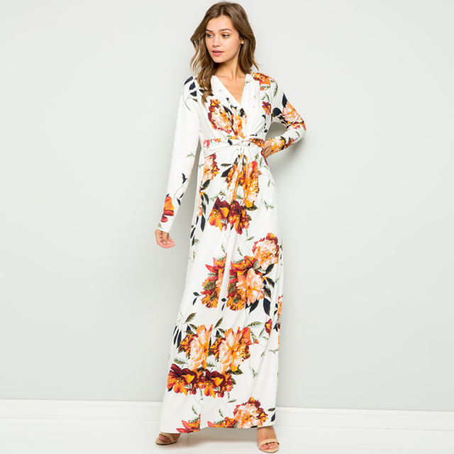 Long Sleeve V-neck Autumn Floral Dress Long Maxi Dresses For Women PQ22900A