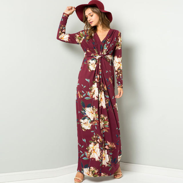 Long Maxi Dresses For Women Long Sleeve V-neck Autumn Floral Dress PQ22900B