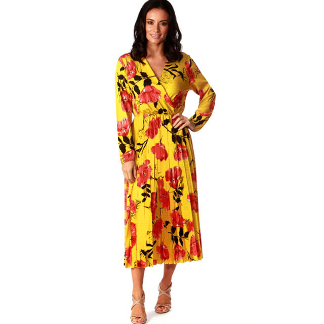 V-neck Printed Midi Dress Knitted Clothes Long-sleeved Floral Casual Dresses PQ22885C