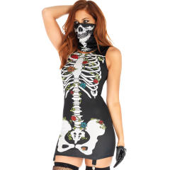 Halloween Dress Up Costume Sexy Short Skull Print Dress with Mask PQ22853