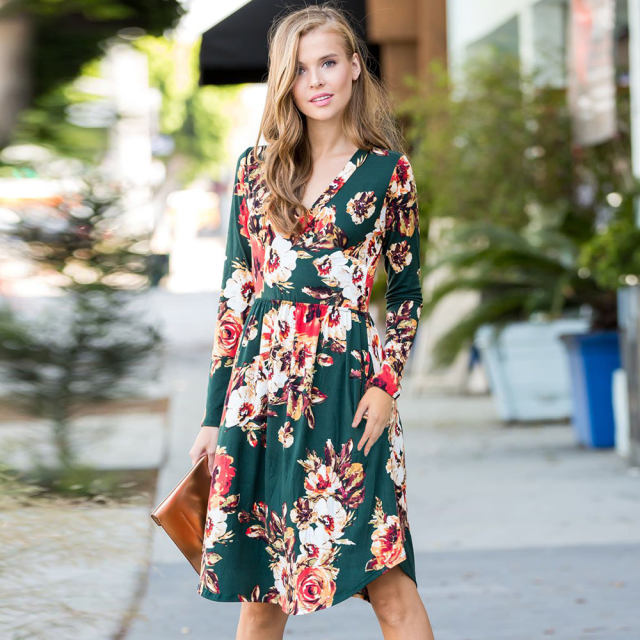 V-neck Slim Long Sleeve Printed Casual Dress Fashion Midi Dresses PQ22899A