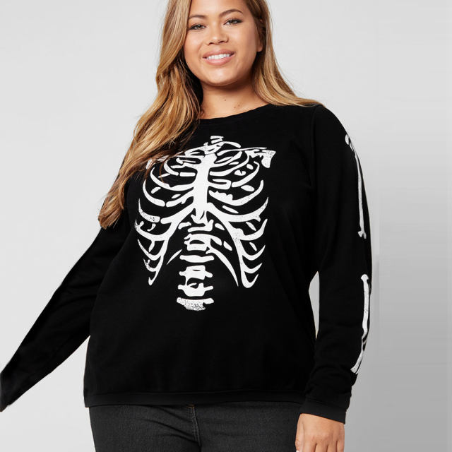 Halloween Skeleton Print Sweatshirt Long Sleeve Skull T-shirts For Women Tops PQ22858