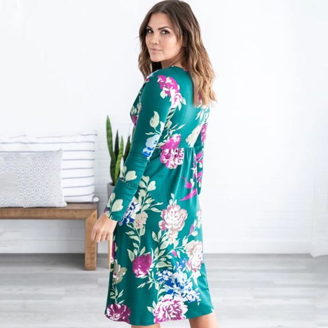 Drap Loose Midi Dress Fashion Long Sleeve Printed Floral Dress PQ22887B