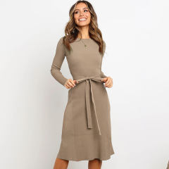 Autumn Fashion Slim Midi Dresses Tie Pure Color Long Sleeve Casual Dress PQ22859A