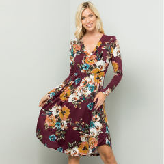 Fashion Midi Dresses V-neck Slim Long Sleeve Printed Casual Dress PQ22899B