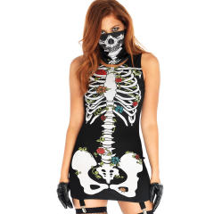 Halloween Dress Up Costume Sexy Short Skull Print Dress with Mask PQ22853