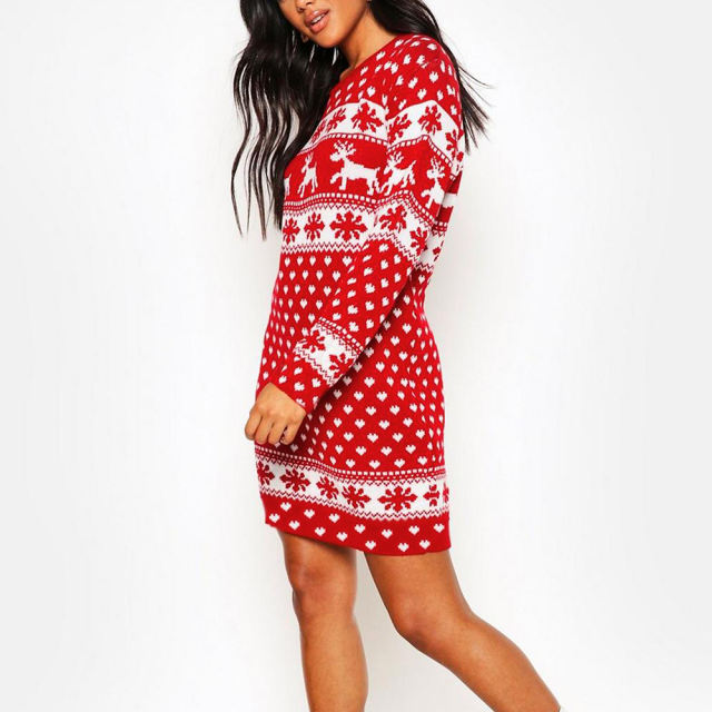 Winter Christmas Print Casual Dress Fashion Long Sleeve Ladies Mini Dress PQ22929A