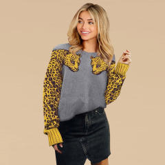 Long-sleeved Wool Sweater Round Neck Leopard Print Winter T-shirts PQLQ005B