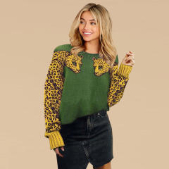 Long-sleeved Wool Sweater Round Neck Leopard Print Winter T-shirts PQLQ005B