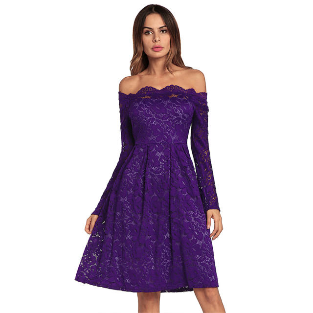 Sexy Long-sleeved Lace Dress Off Shoulder Stretch Slim Midi Dresses PQW662A