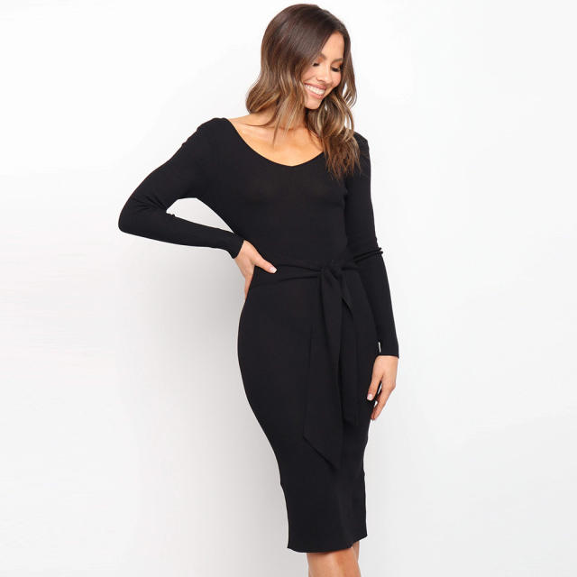 Sexy Long Sleeve Knit Dress Slim Women Double V Neck Midi Dress PQLQ031A