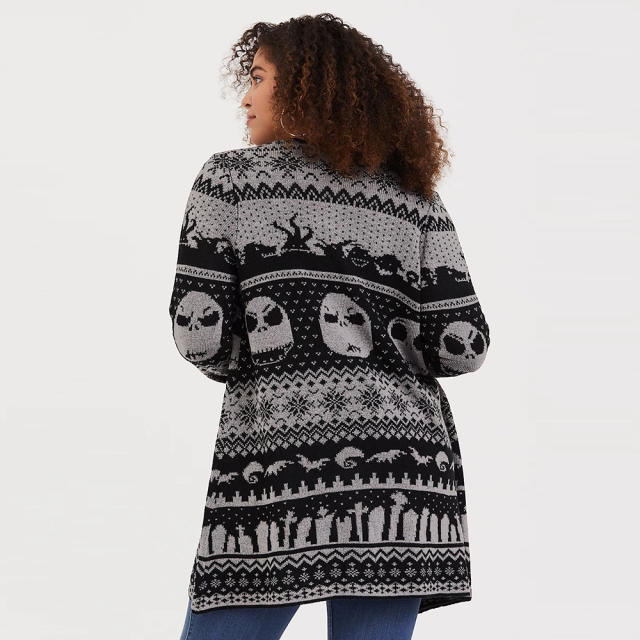 Women Skull Cardigan Lapel Mid-length Wool Knitted Jacket Winter Sweater PQLQ089B