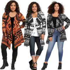 Winter Sweater Women Skull Cardigan Lapel Mid-length Wool Knitted Jacket PQLQ089A