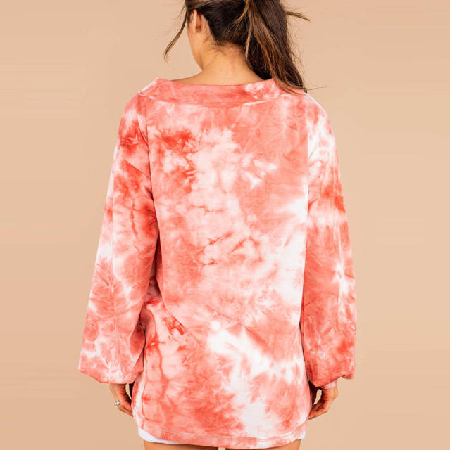 Women Tie-dye Print Casual Tops Long Sleeve Graffiti Loose Sweater PQLQ023C