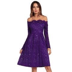 Off Shoulder Stretch Slim Midi Dresses Sexy Long-sleeved Lace Dress PQW662B