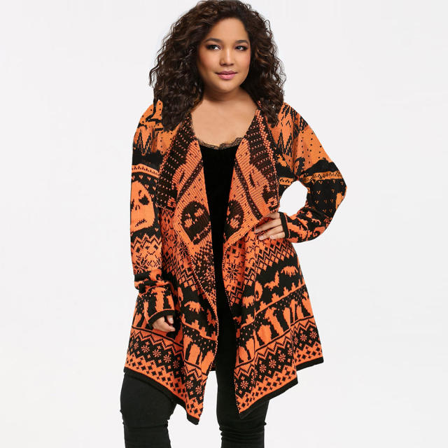 Lapel Mid-length Wool Knitted Jacket Winter Sweater Women Skull Cardigan PQLQ089C