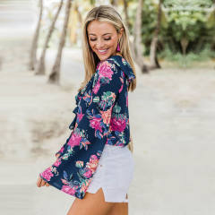Spring Long Sleeve Knitted Printed Top Autumn Women V-neck Floral T-shirt PQLH024B