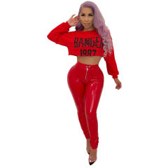 High Waist Shiny Faux Leather Trousers for Women Fashion PU Pants PQUJ4519B