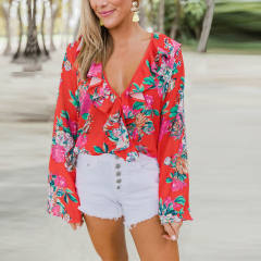 Spring Long Sleeve Knitted Printed Top Autumn Women V-neck Floral T-shirt PQLH024B