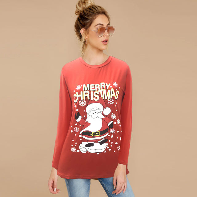 Christmas Printing Sweater Crew Neck T-shirt Long Sleeve Party Tops PQ22913A