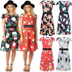 Autumn Midi Dress For Women Short Sleeve Round Neck Christmas Print Dress PQ22897A