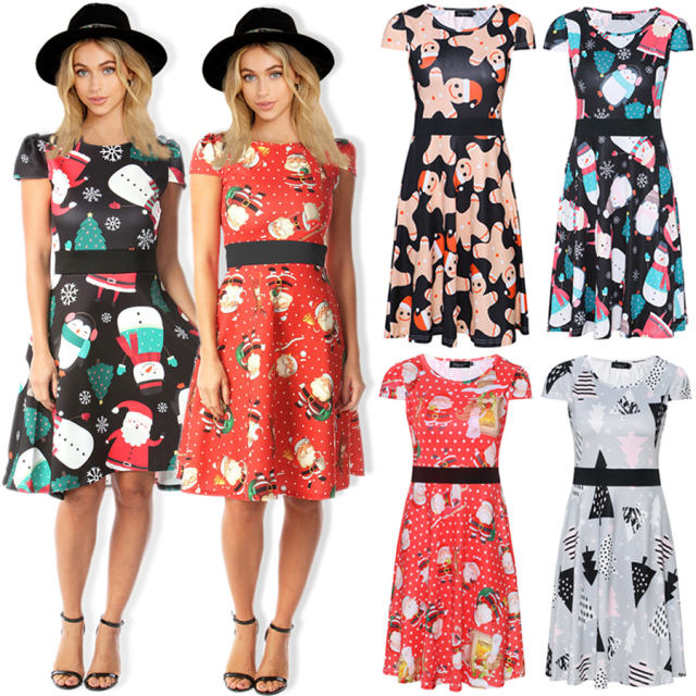 Autumn Midi Dress For Women Short Sleeve Round Neck Christmas Print Dress PQ22897A