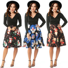 Autumn Christmas V-neck Printed Dress Winter A-line Midi Dresses PQ22896A