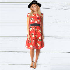 Autumn Midi Dress For Women Short Sleeve Christmas Print Dress PQ22897B
