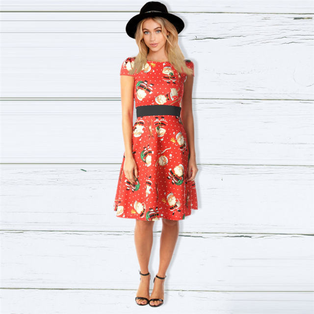 Autumn Midi Dress For Women Short Sleeve Christmas Print Dress PQ22897B