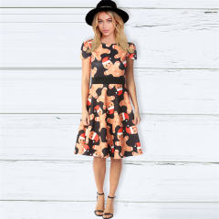 Autumn Midi Dress For Women Short Sleeve Christmas Print Dress PQ22897B