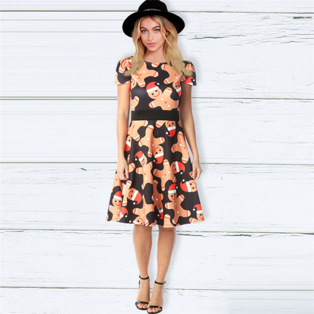 Autumn Midi Dress For Women Short Sleeve Christmas Print Dress PQ22897B
