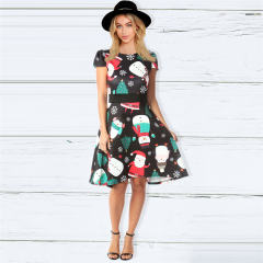 Autumn Midi Dress For Women Short Sleeve Christmas Print Dress PQ22897B