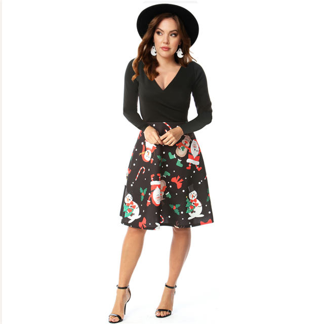 Winter A-line Midi Dresses Autumn Christmas V-neck Printed Dress PQ22896B