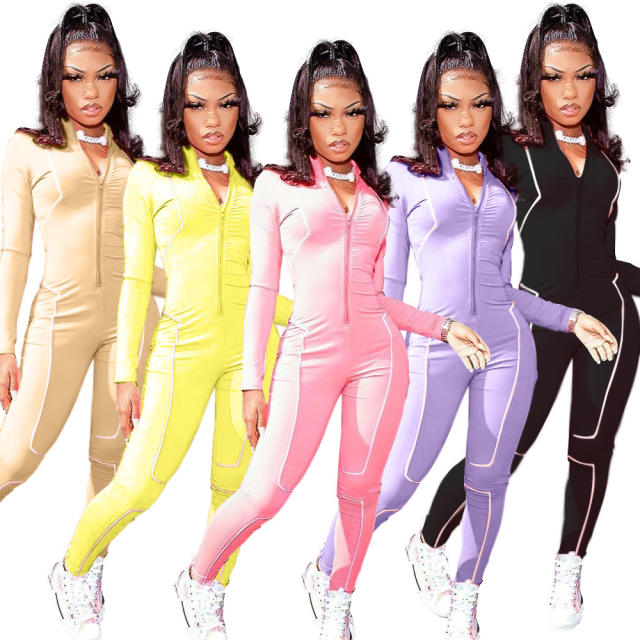 Solid Color Women Fitness Jumpsuit Stitching Sports Tracksuit PQAJ4318D