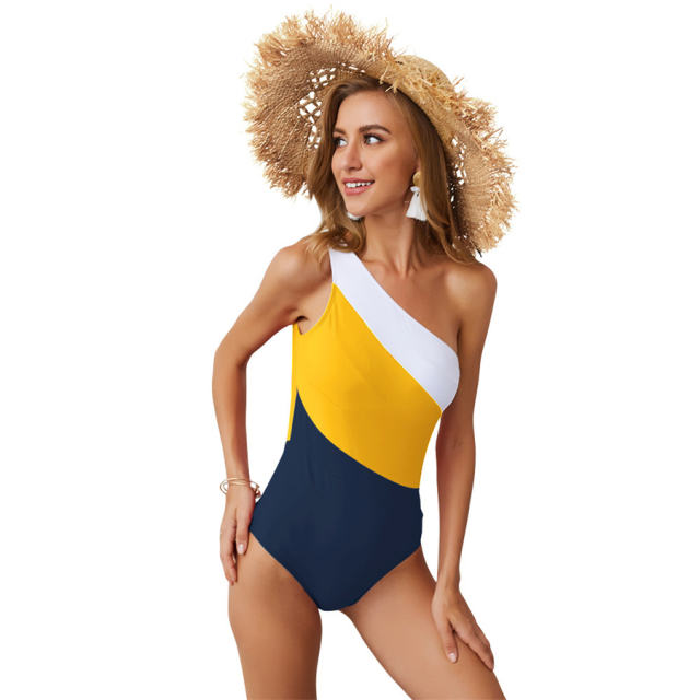 Contrast Color Swimwear Wholesale One Piece Beachwear One Shoulder Monokini PQ19005