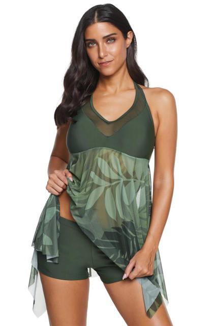 Leaf Print Swimdress Women Super Size Swimsuit 3XL Sheer Mesh Beachwear PQ2033A
